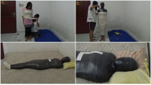 A woman is tightly wrapped in 2 layers of cloth and gets breathplay