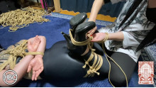 Gags and Hogties Lady Hinako in Rope and Tickles her