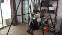Bunny single leg suspention gas mask play
